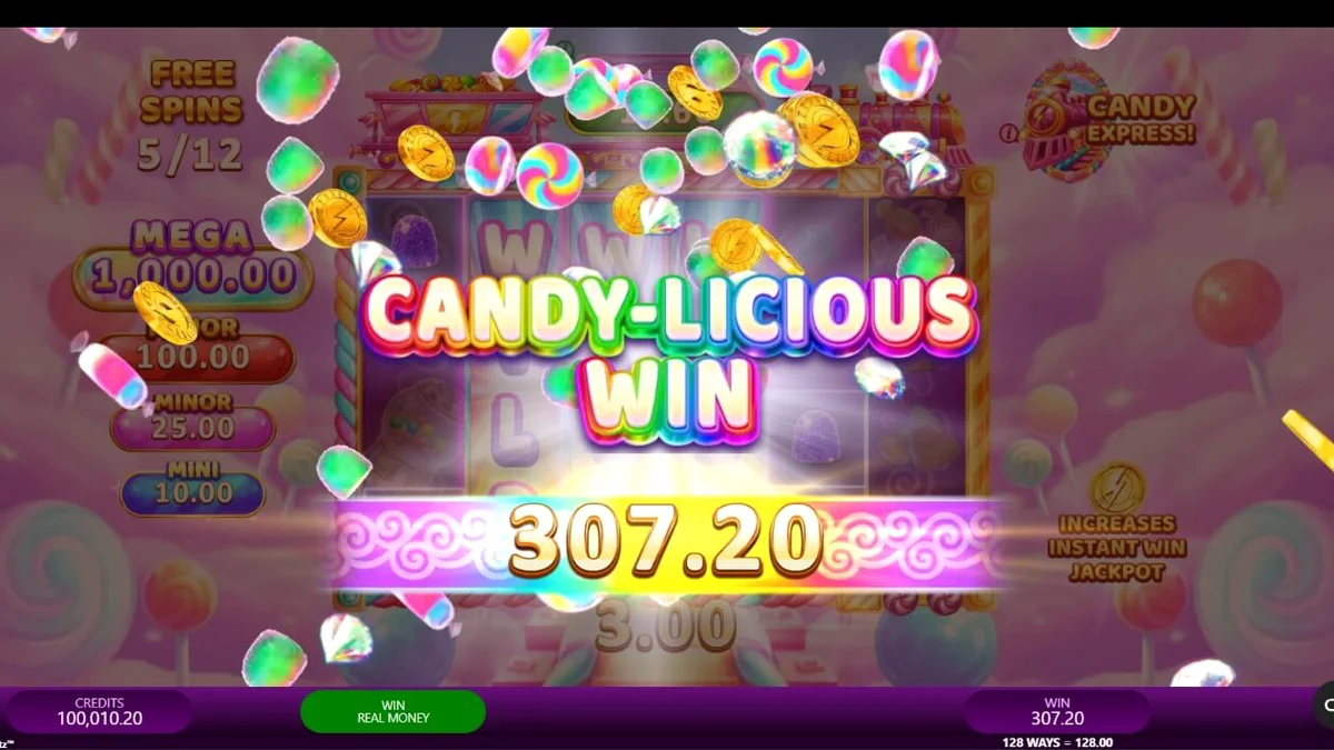 Giao diện rực rỡ của trò chơi Candy Express Gold Blitz với chủ đề kẹo ngọt