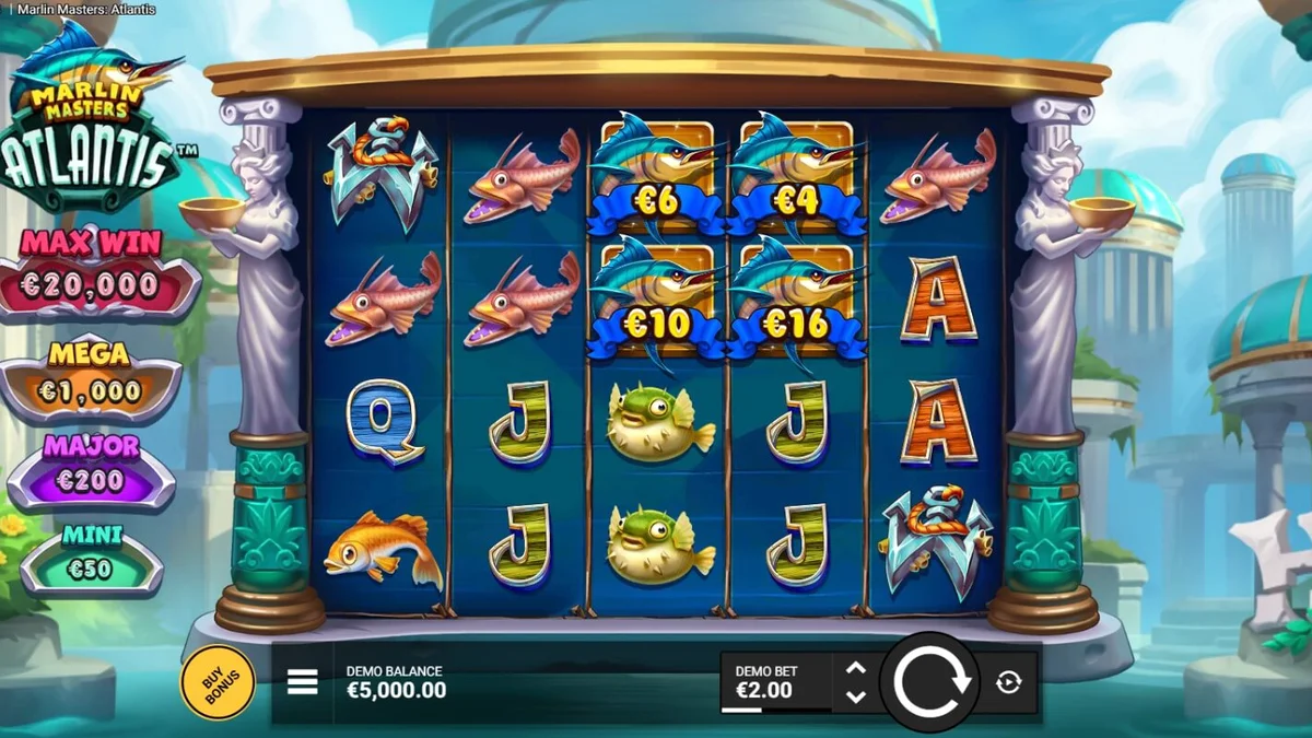 Giao diện trò chơi slot Marlin Masters Atlantis với hình ảnh đại dương và các biểu tượng cá