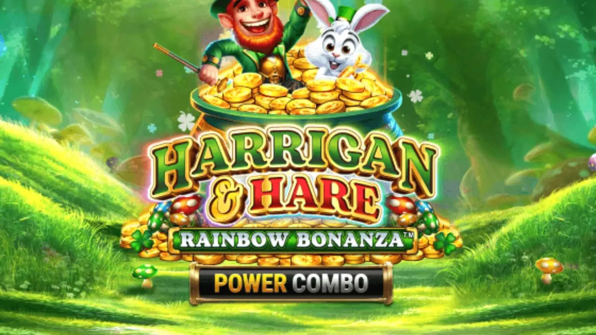 Giao diện trò chơi Harrigan & Hare Rainbow Bonanza Power Combo với bối cảnh đồi cỏ xanh Ireland
