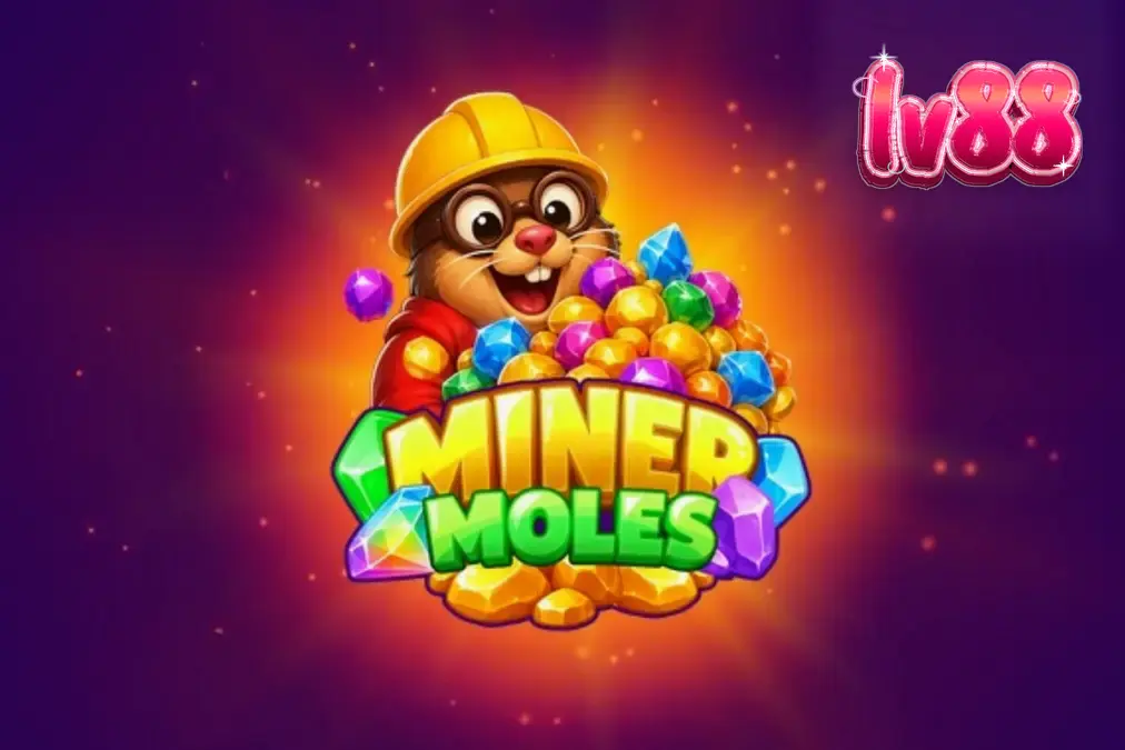 Giao diện trò chơi slot Miner Moles với các chú chuột chũi và biểu tượng đá quý